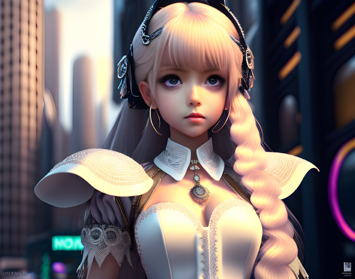 Detailed digital illustration of female character with large eyes, braid, intricate jewelry, futuristic cityscape.