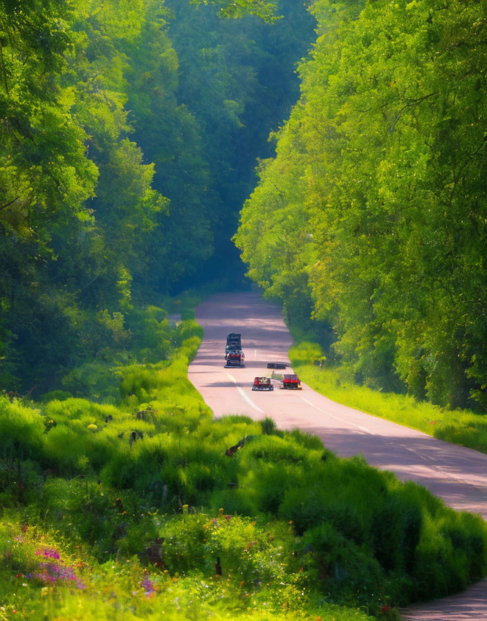 Sunlit Road Through Lush Green Forest with Vehicles and Foliage