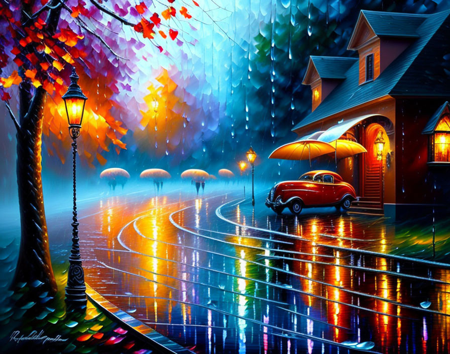 Colorful autumn scene with rainy street, red car, cozy house, and reflective pavement