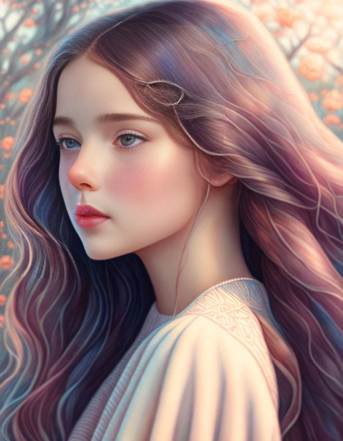 Vibrant digital portrait of young woman with multicolored hair and floral backdrop