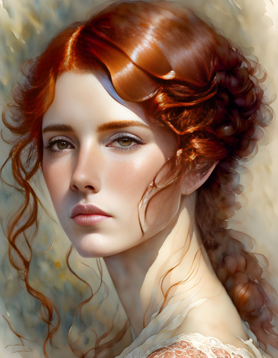 Detailed Portrait of Woman with Flowing Red Hair