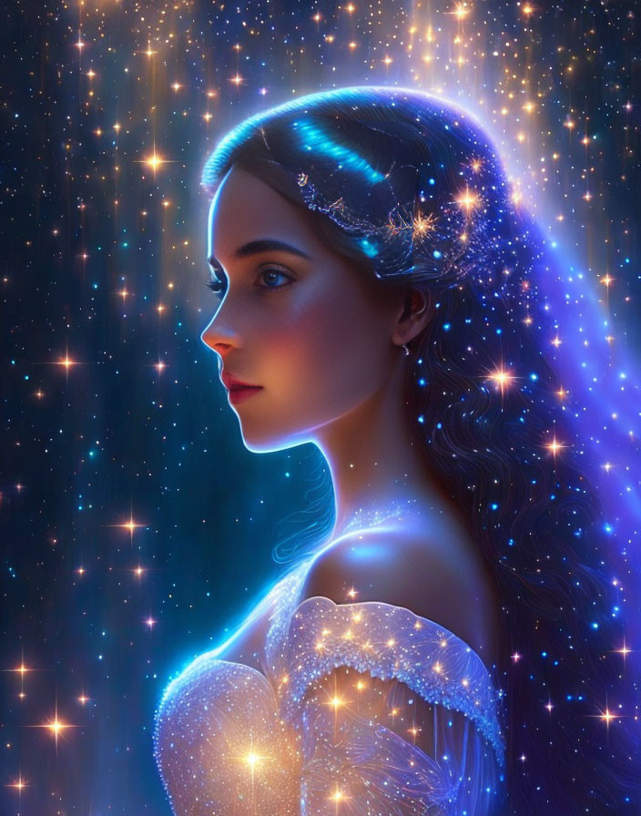 Digital artwork: Woman with starry night theme, glowing hair, tiara, cosmic lights.