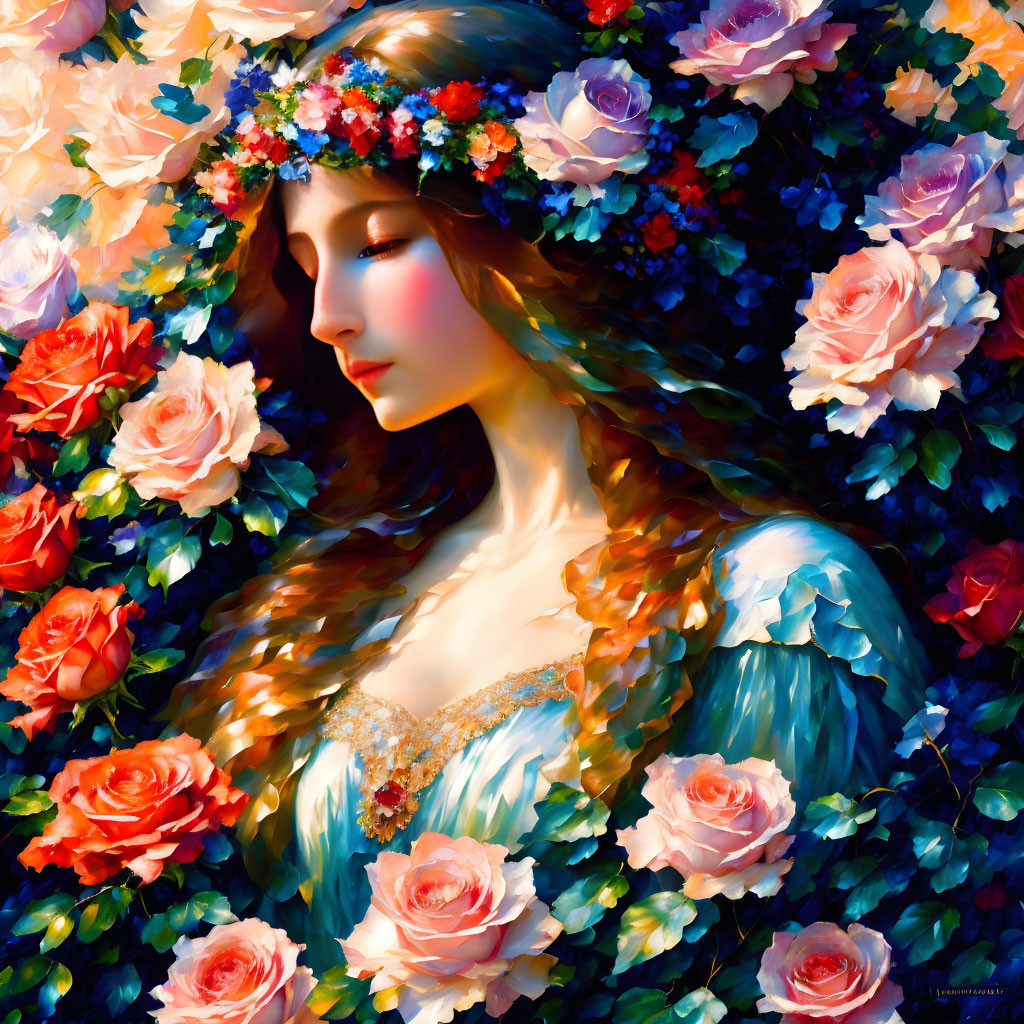 Colorful painting of woman with floral wreath and roses in pink and orange