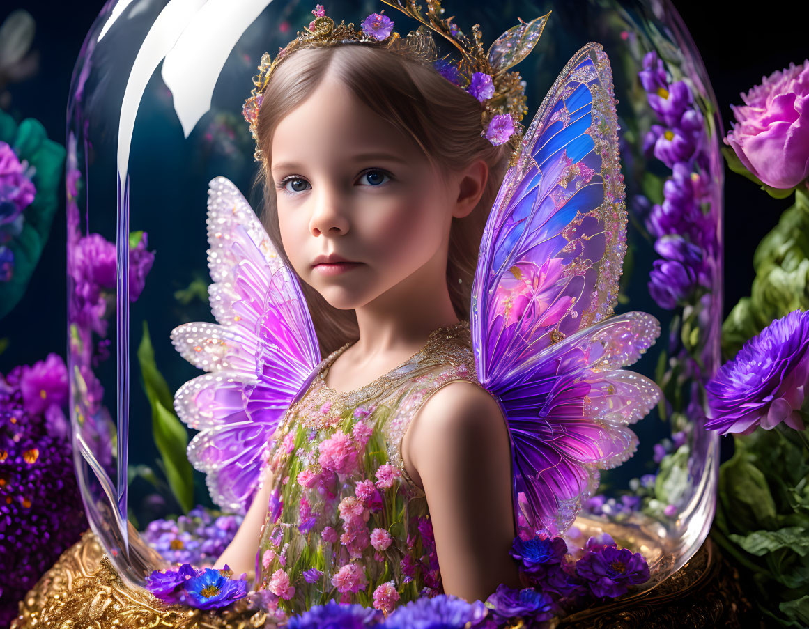 Young girl with butterfly wings in glass dome among purple flowers