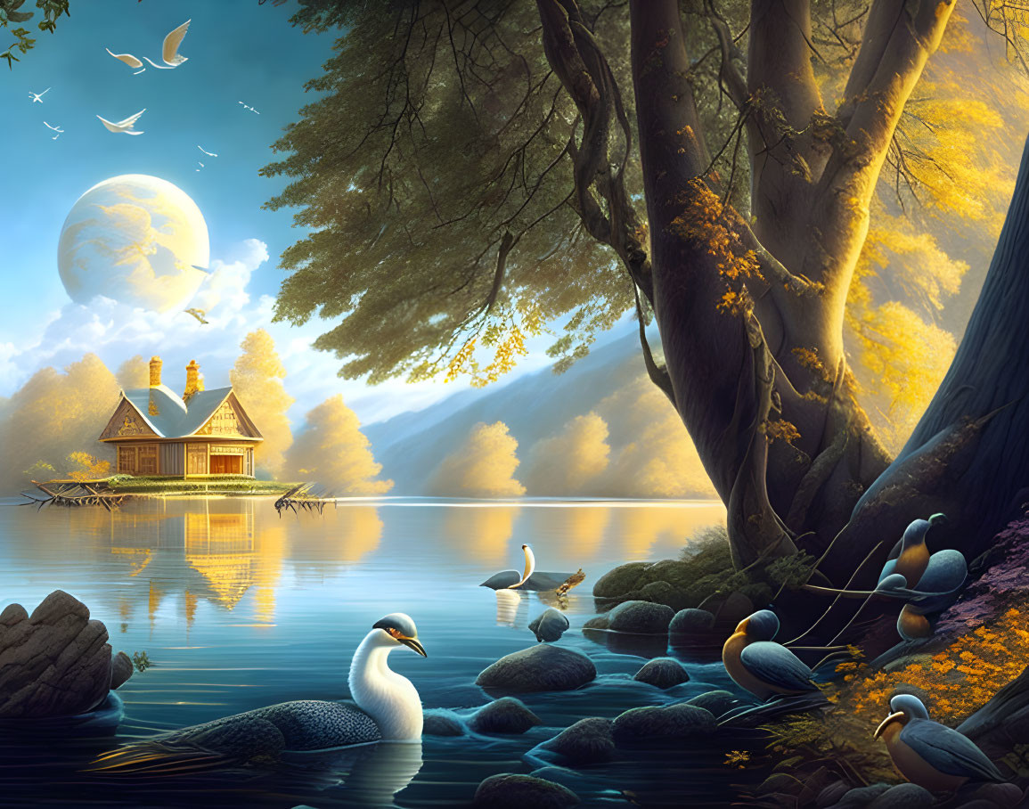 Tranquil lakeside dusk scene with cottage, swans, birds, and moon