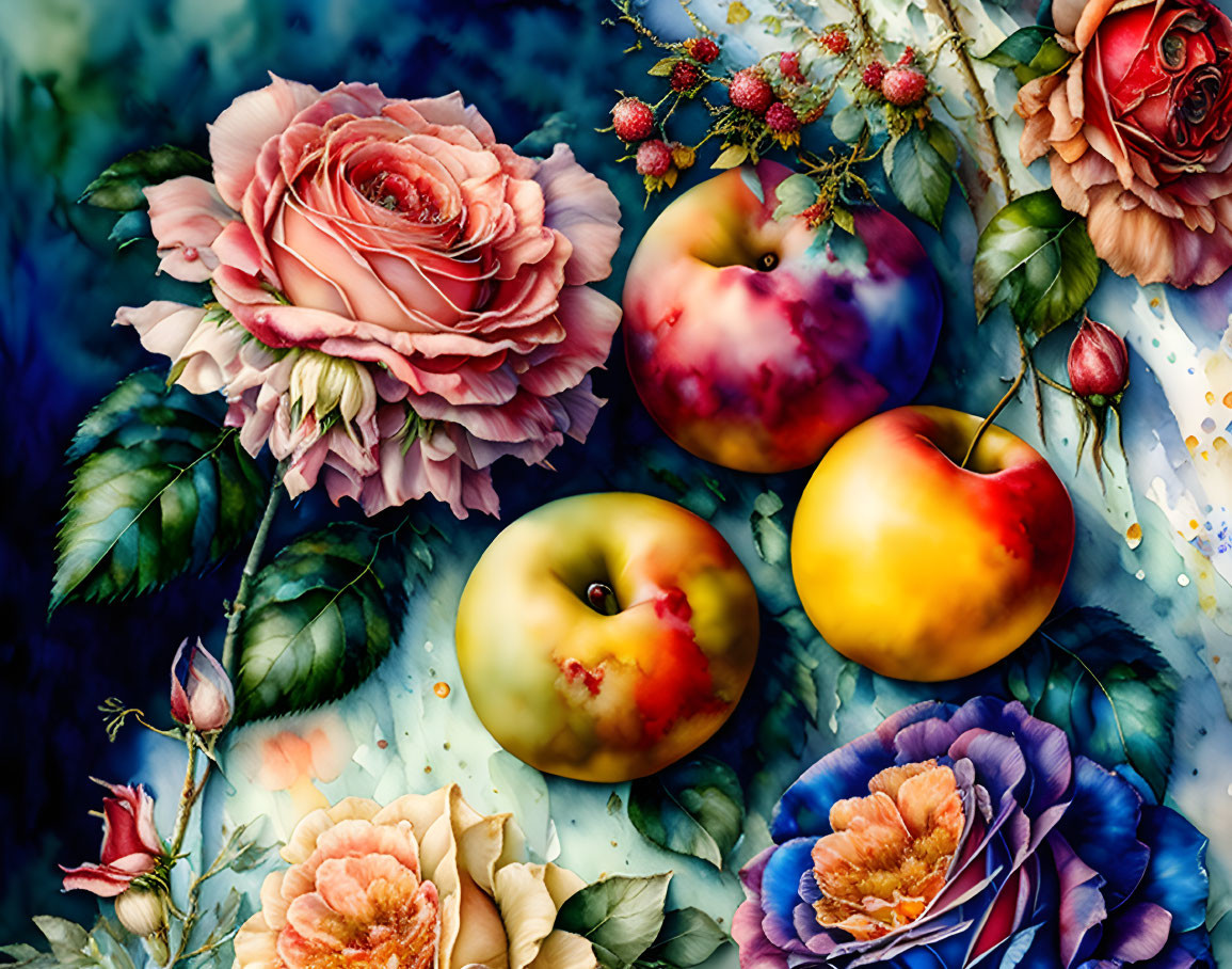 Colorful still life with roses, plums, and peaches on blue background