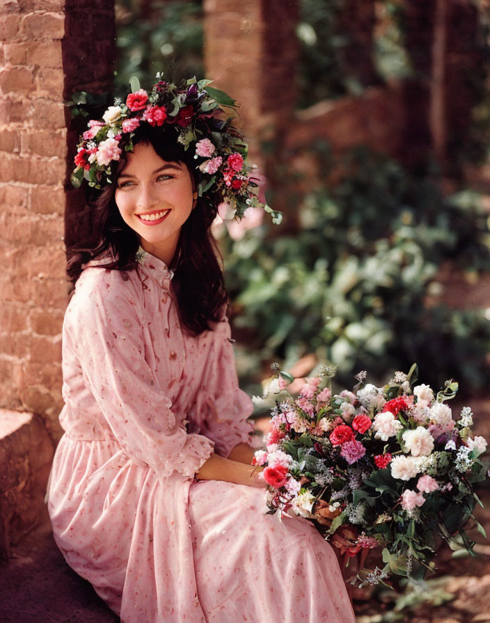 Woman in Pink Floral Dress Smiling with Flower Bouquet