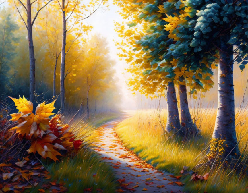 Tranquil autumn forest path with vibrant leaves and misty sunlight