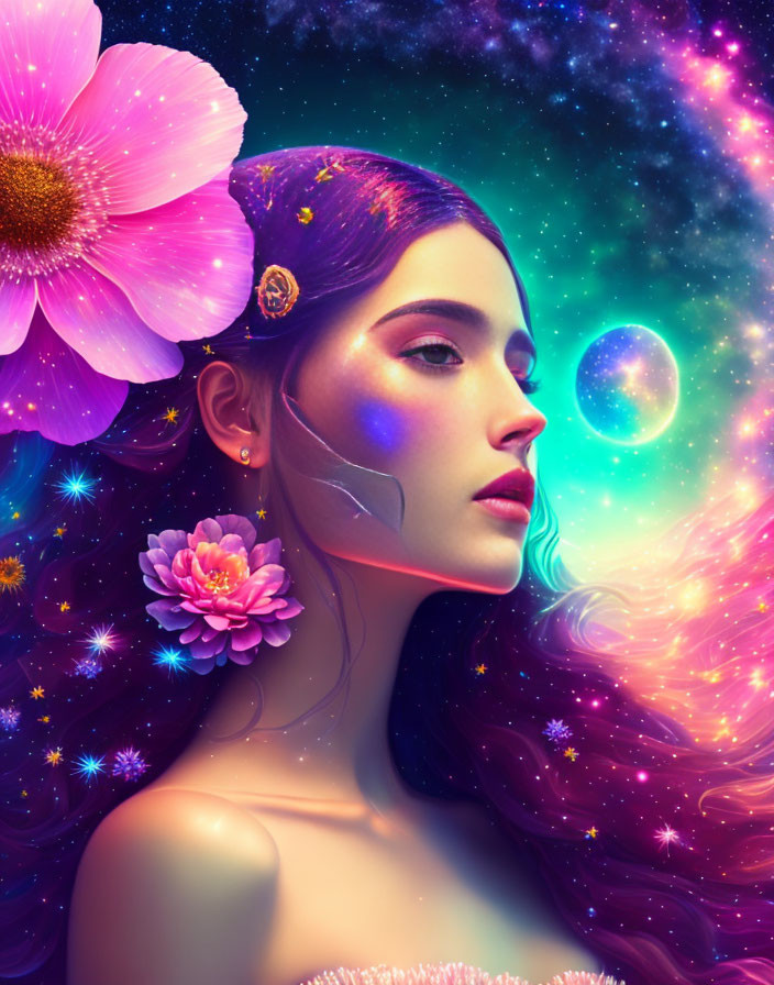 Surreal portrait of woman with cosmic elements and vibrant flowers