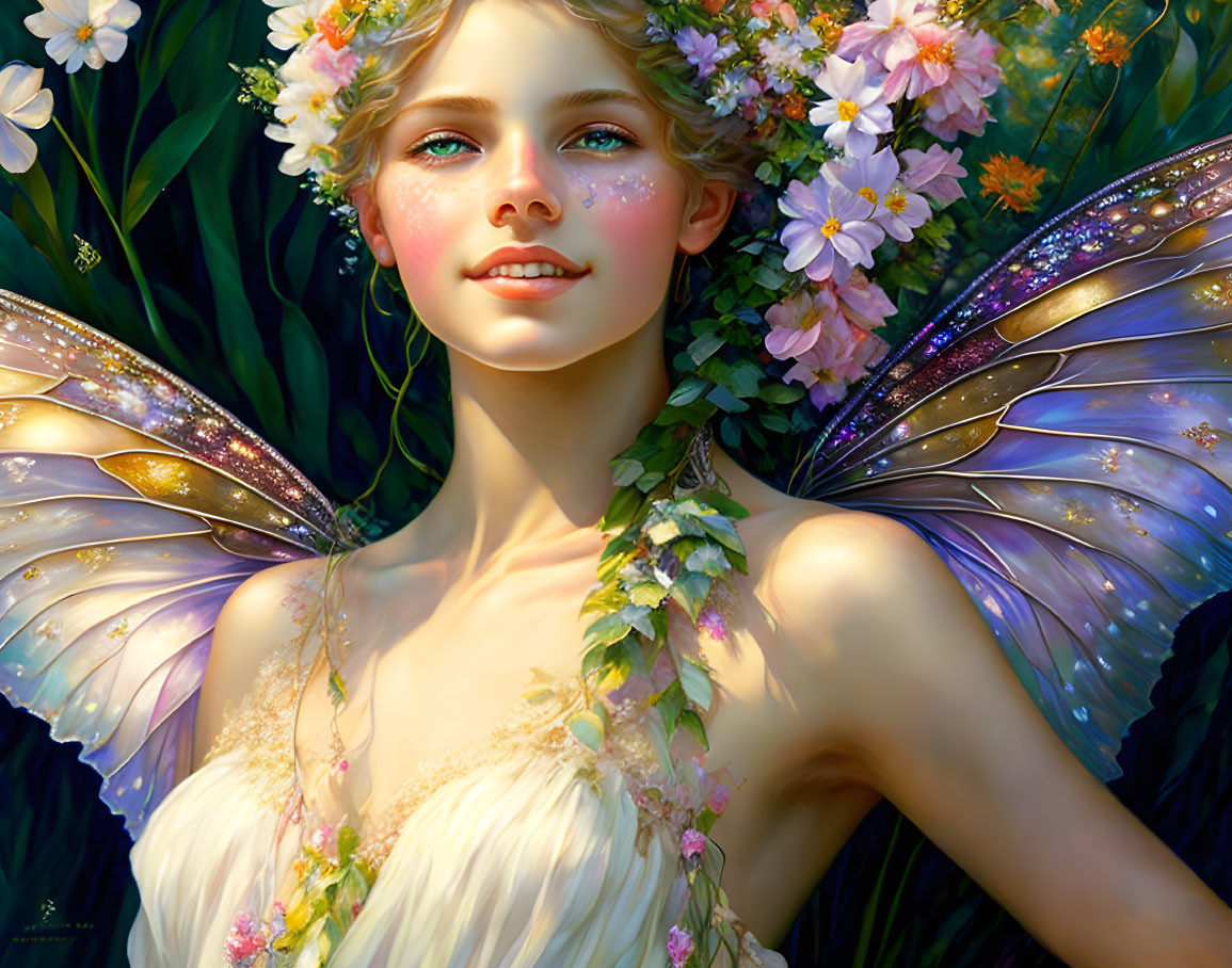 Enchanting fairy with glistening wings in lush floral setting