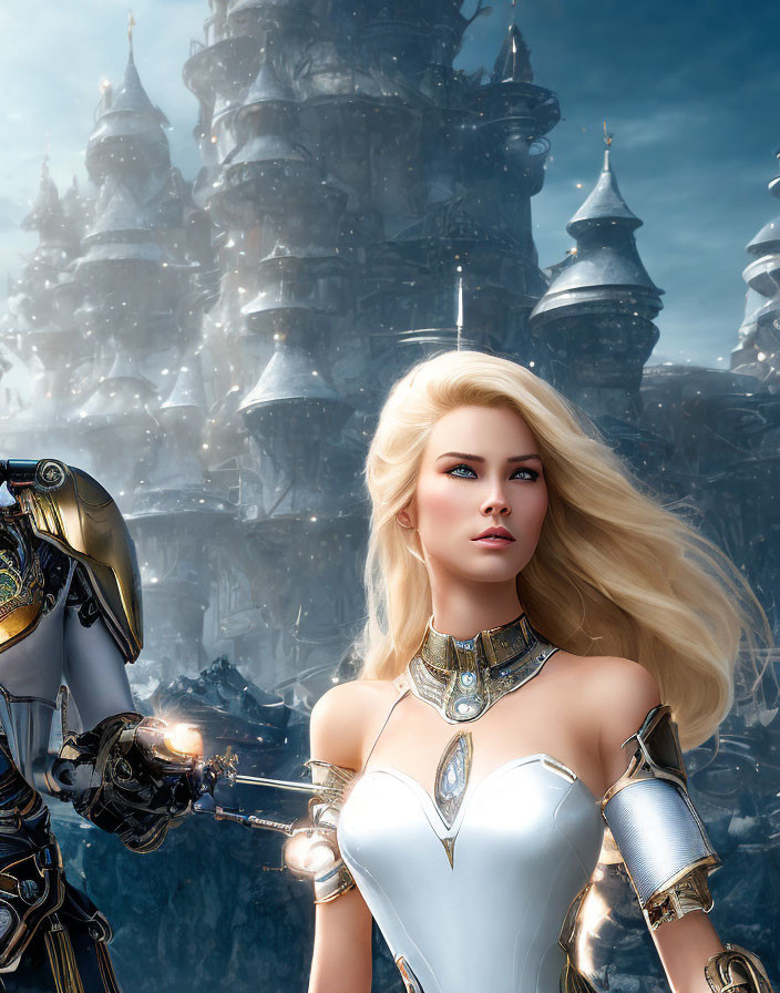 Blonde fantasy warrior woman in armor with knight and castle