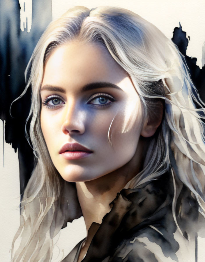 Portrait of Woman with Striking Blue Eyes and Blonde Hair on Painterly Black and White Background