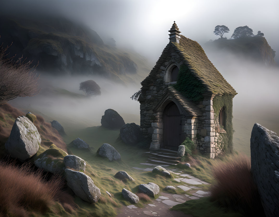 Stone Chapel in Misty Landscape with Wooden Door