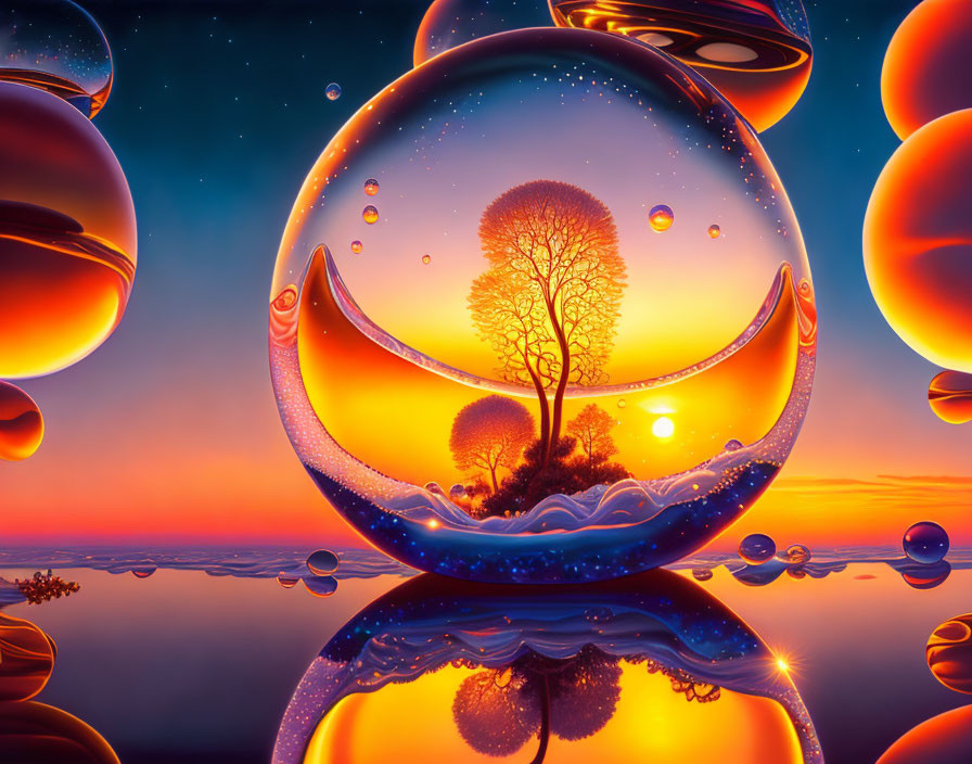 Colorful digital artwork: surreal landscape with floating orbs, central tree sphere, warm sunset reflection.