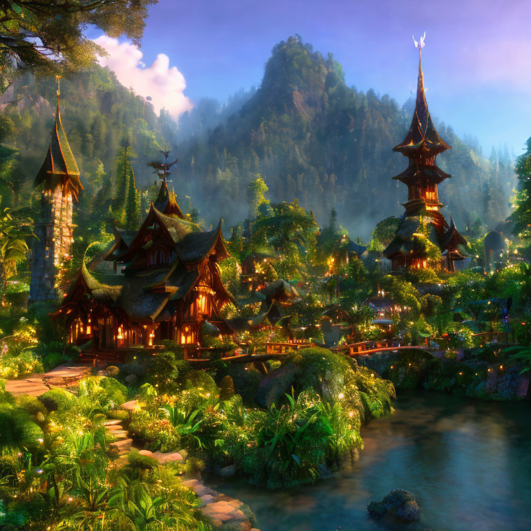 Serene fantasy landscape with wooden structures, stone bridge, lush greenery, and forested mountain.