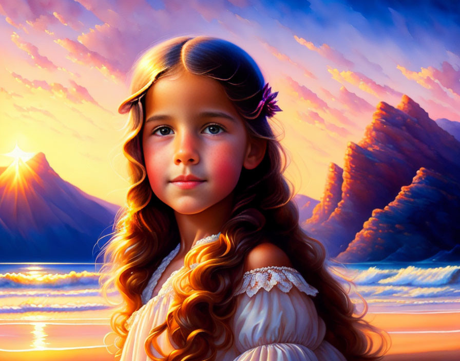 Young girl with wavy hair and purple flower in beach sunset painting