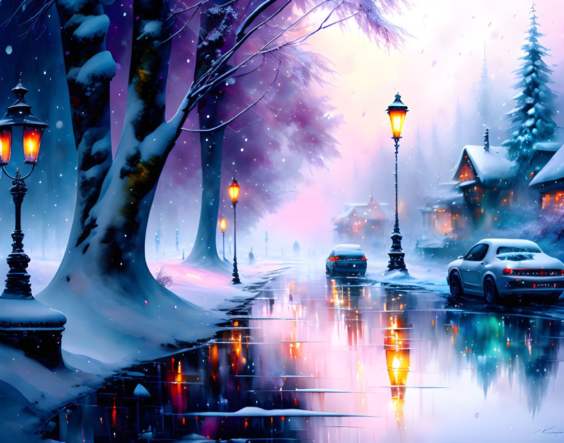 Snowy Twilight Street Scene with Glowing Lamps, Trees, Wet Pavement, and Parked