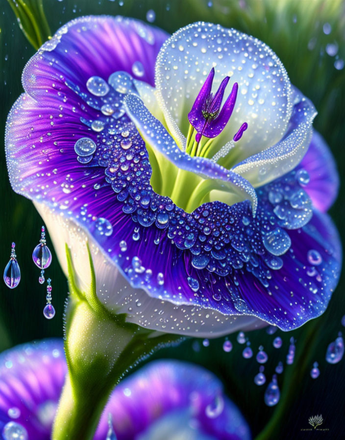 Vibrant purple flower with dewdrops in soft-focus greenery.