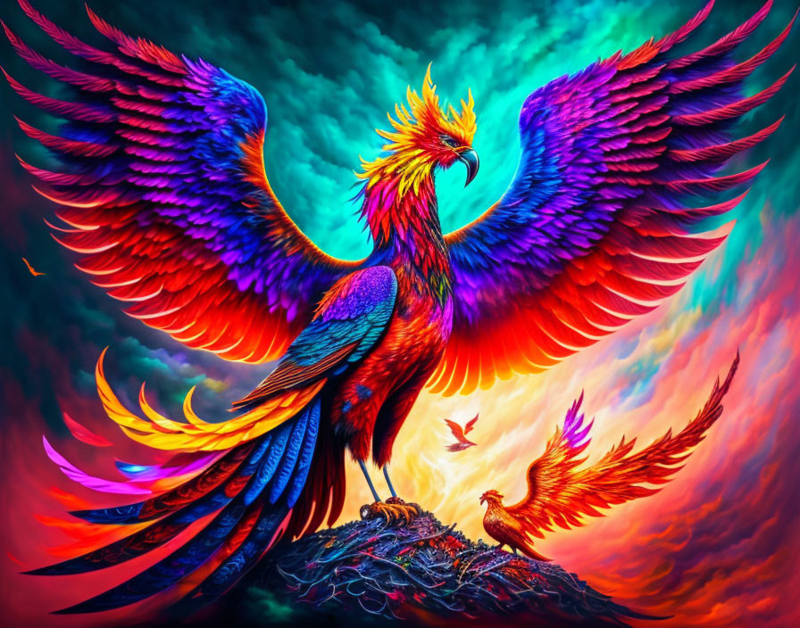 Colorful Phoenix with Outstretched Wings in Fiery Sky