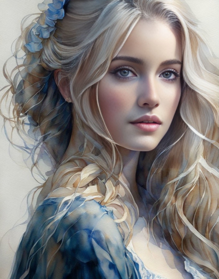 Digital painting of woman with blonde hair and flowers, blending into watercolor background