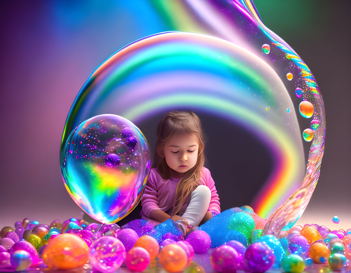 Young girl in whimsical setting with vibrant bubbles