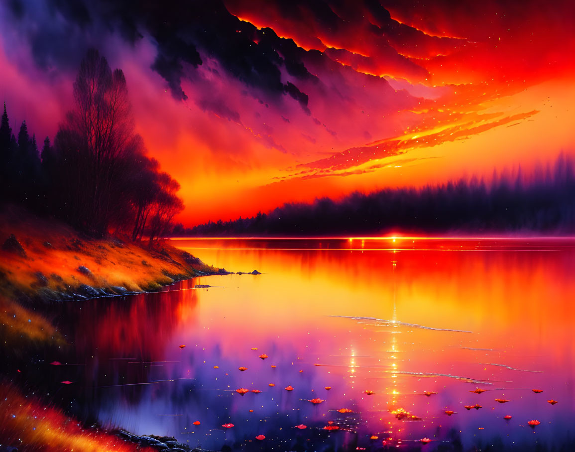 Fiery red and orange sunset over tranquil lake and silhouetted trees