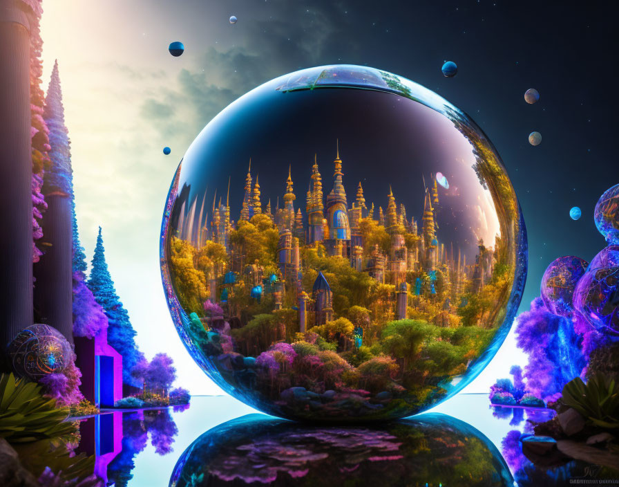 Fantastical landscape with transparent spheres reflecting vibrant city and alien forest.