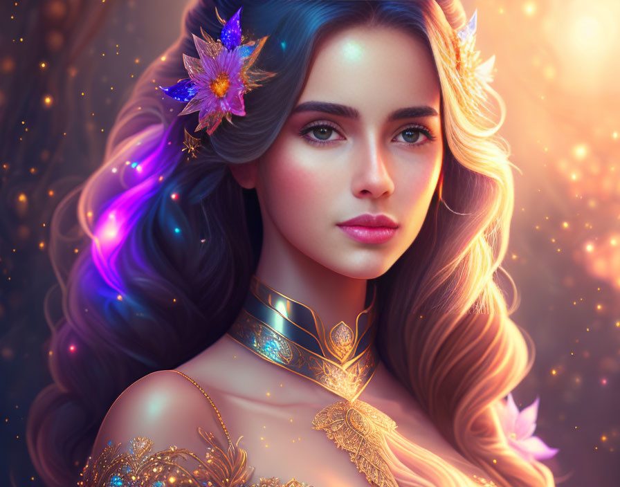 Digital artwork featuring woman with glowing floral hair, gold jewelry, and colorful aura