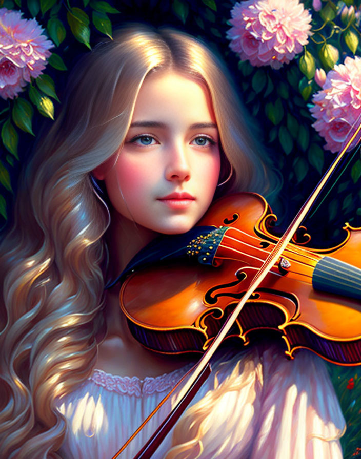 Digital illustration: Young woman with blonde hair playing violin among pink flowers