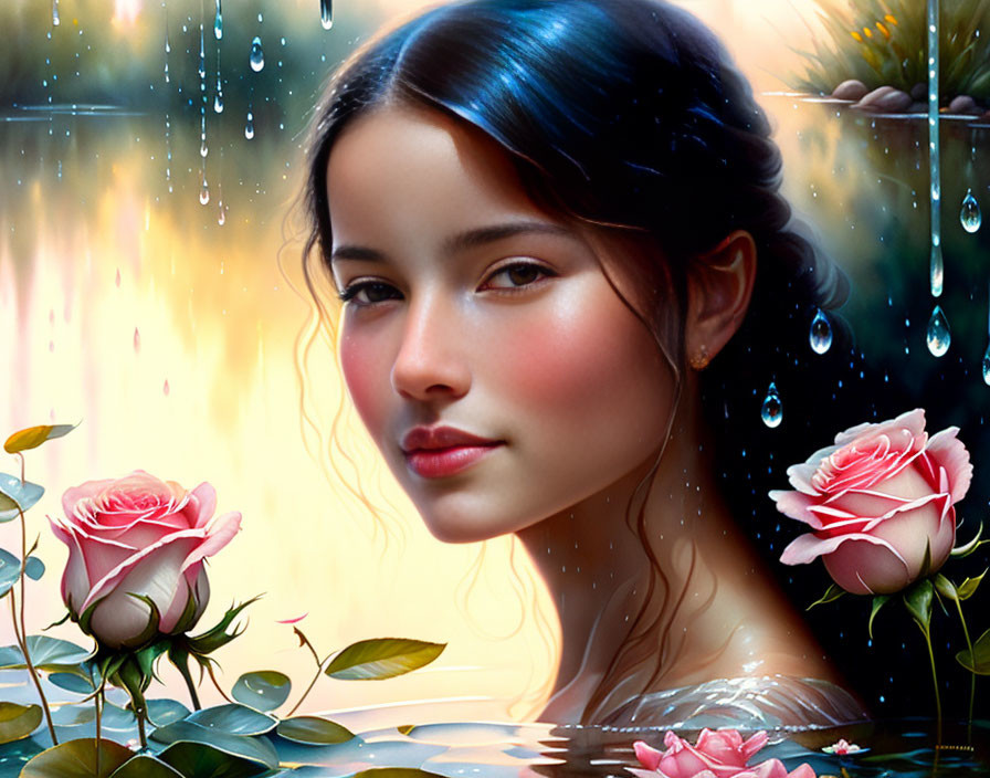 Digital artwork featuring woman with serene expression among pink roses and water droplets.