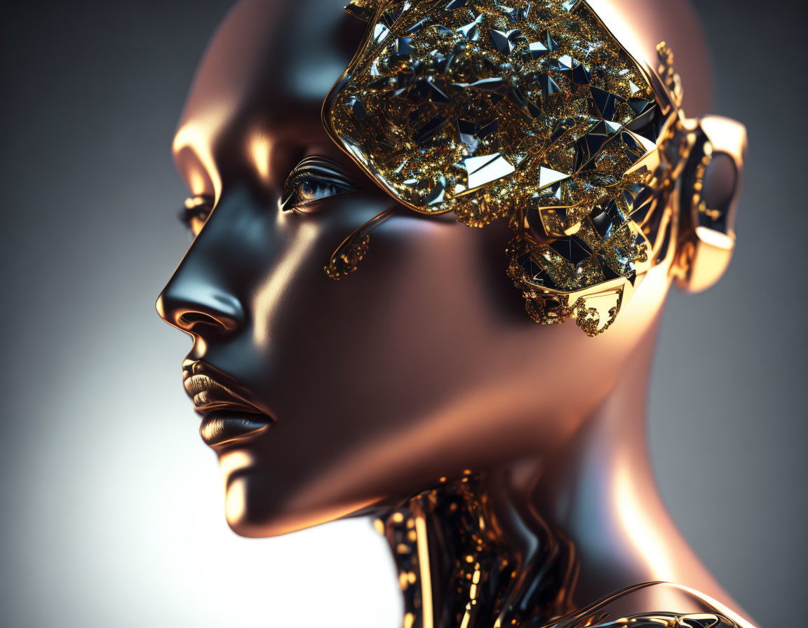 Golden-skinned female figure with ornate futuristic golden headpiece