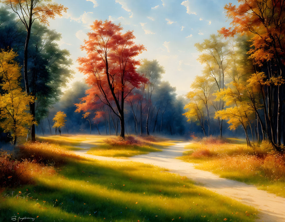 Tranquil autumn landscape with winding path and vibrant fall trees