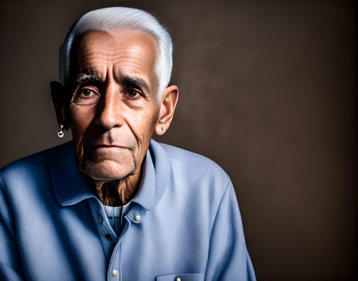 Gray-Haired Elderly Man with Piercing Eyes in Light Blue Shirt