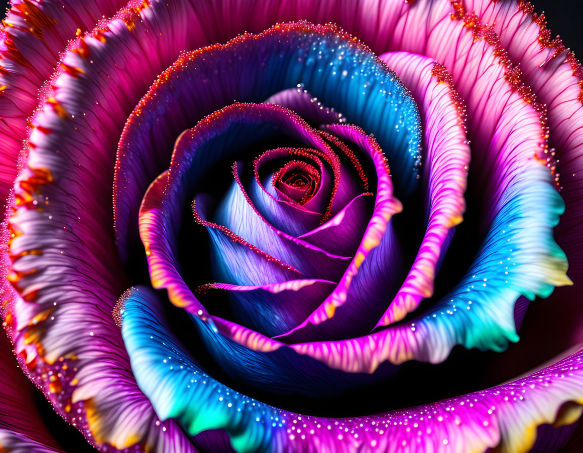 Digitally Enhanced Rose with Blue and Pink Hues and Dewdrops