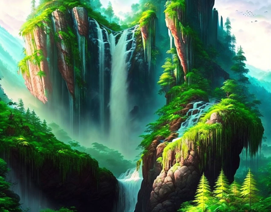 Verdant landscape with waterfalls, cliffs, and misty forest.