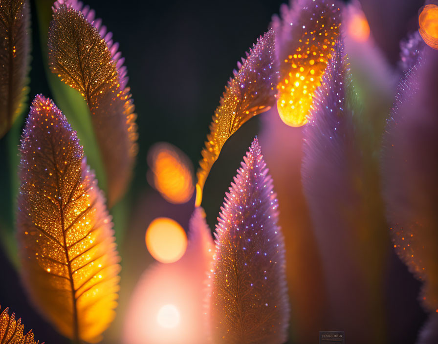 Macro photo: Dewy leaves with golden glow, bokeh lights, intricate vein patterns, and tiny