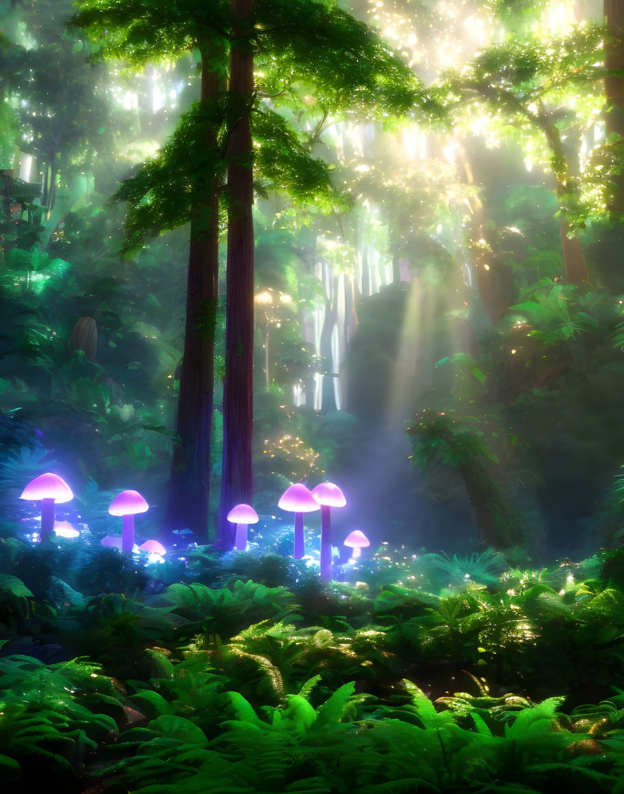 Bioluminescent mushrooms in lush forest setting with sunlight filtering through trees