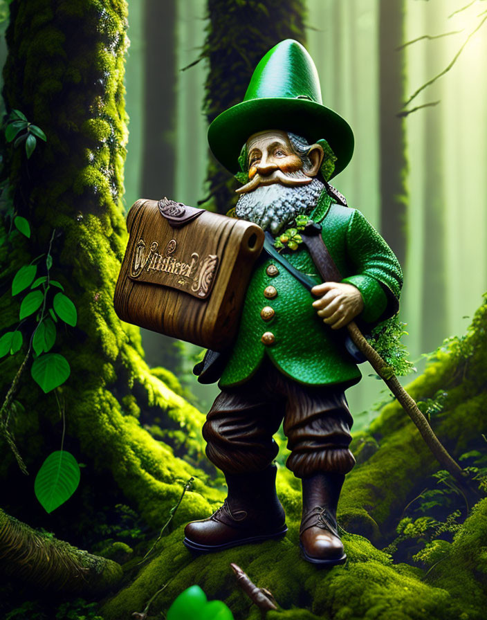 Whimsical bearded gnome in green outfit with chest in lush forest