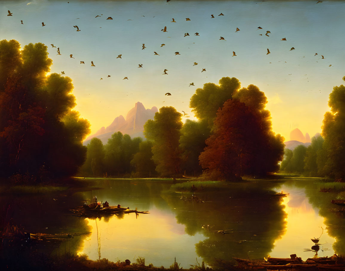 Tranquil sunset lake landscape with lush trees and birds.