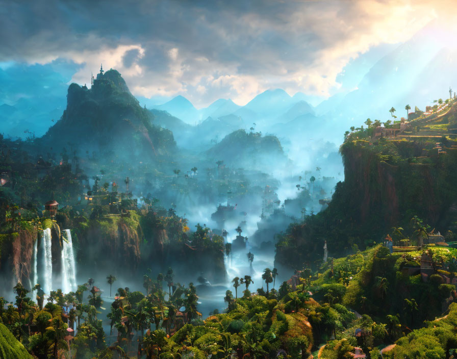 Mystical landscape with waterfalls, greenery, islands, and cliffs under a hazy sky