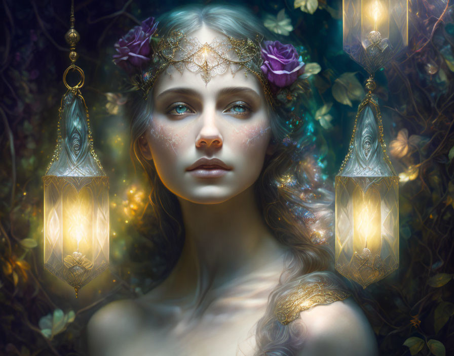 Fantasy portrait: Woman with floral crown, jewelry, lanterns, and foliage