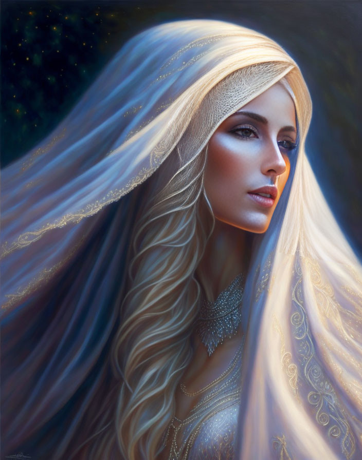 Blonde woman with veil and jewelry against starry background