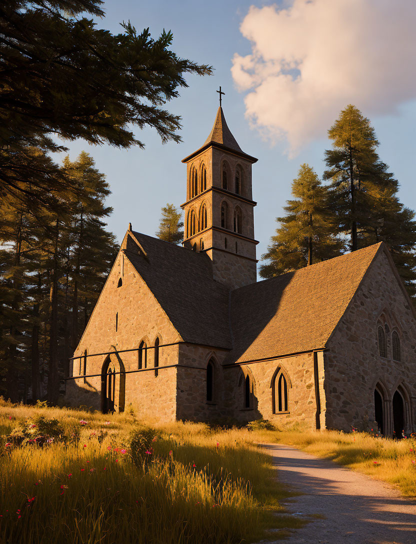 Stone Church with Bell Tower at Sunset Among Pine Trees and Wildflowers