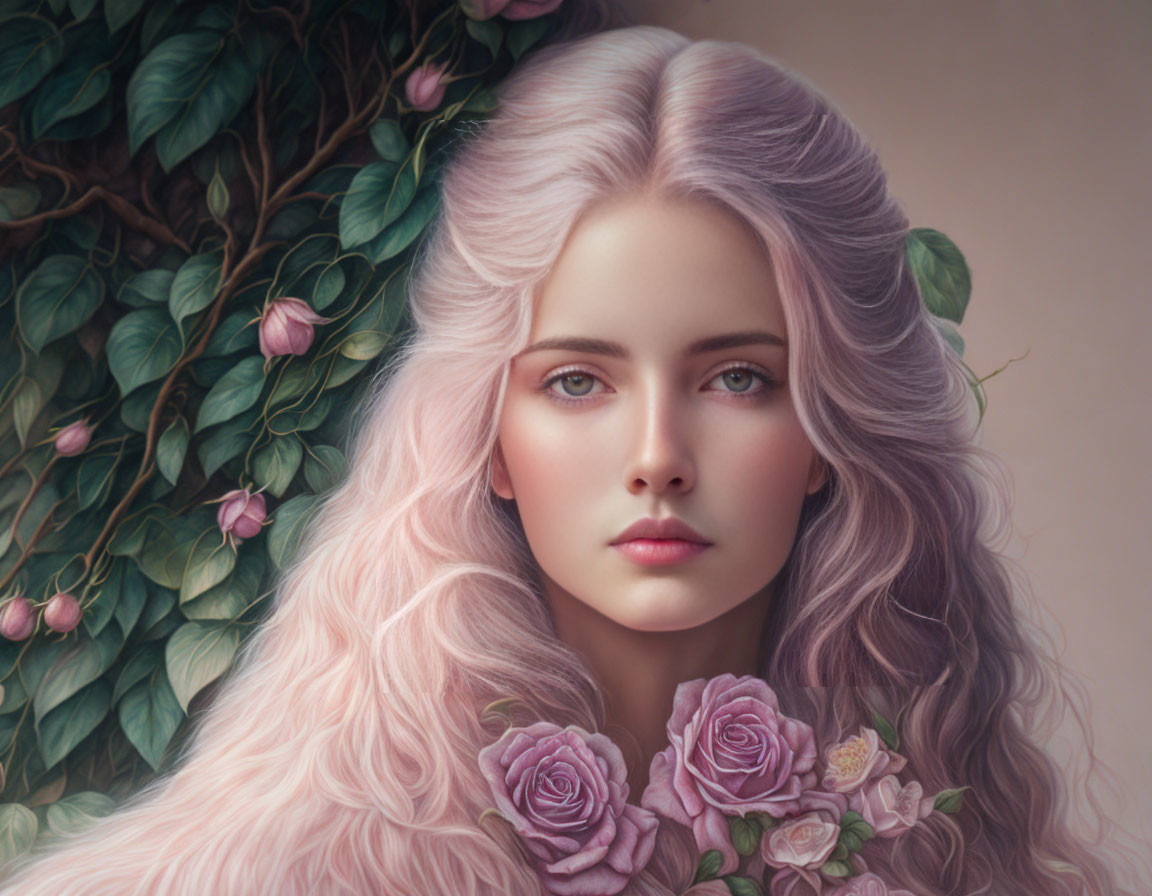 Digital artwork: Woman with pink hair, blue eyes, serene expression, roses, and flowering vine