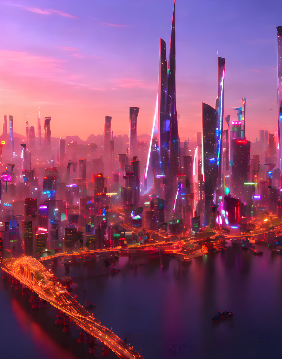 Neon-lit futuristic cityscape at sunset with skyscrapers and bridge