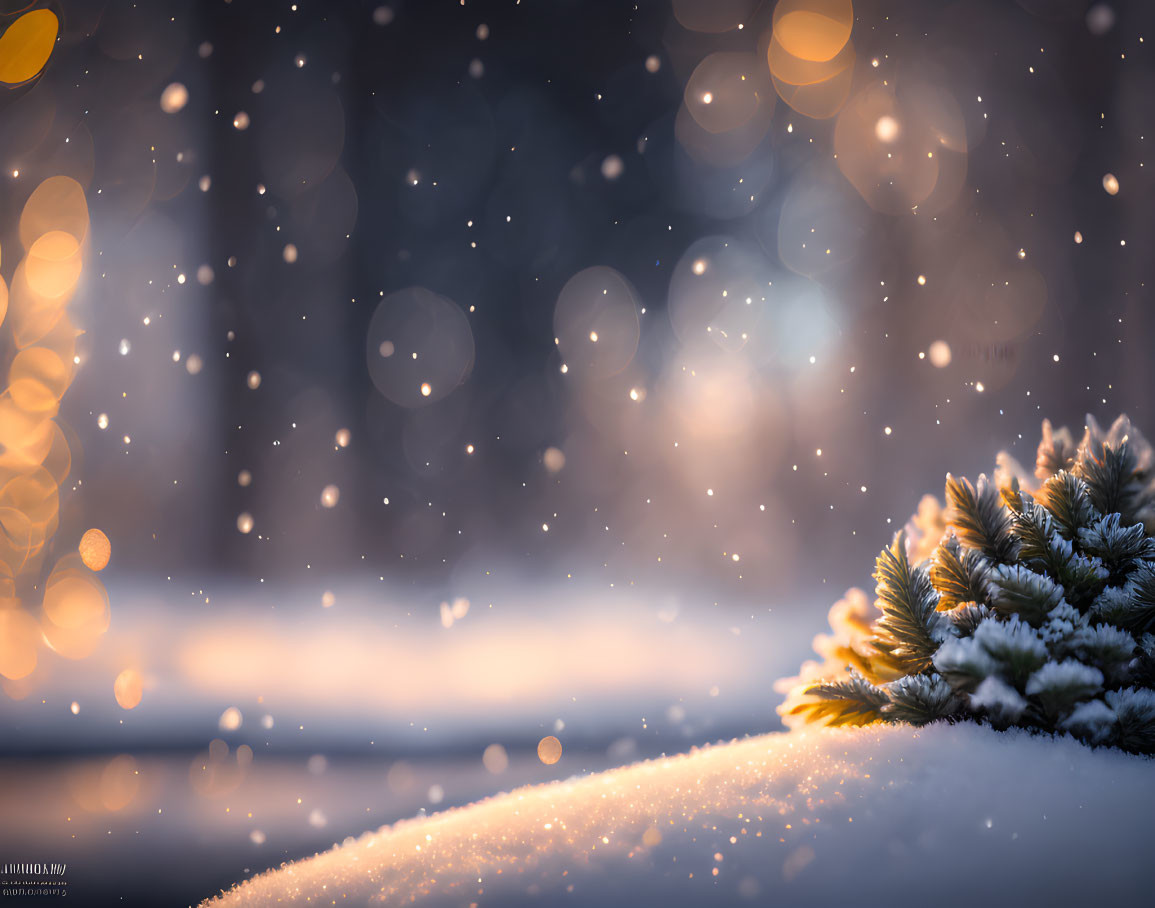 Snow-covered pine branches in serene winter scene.