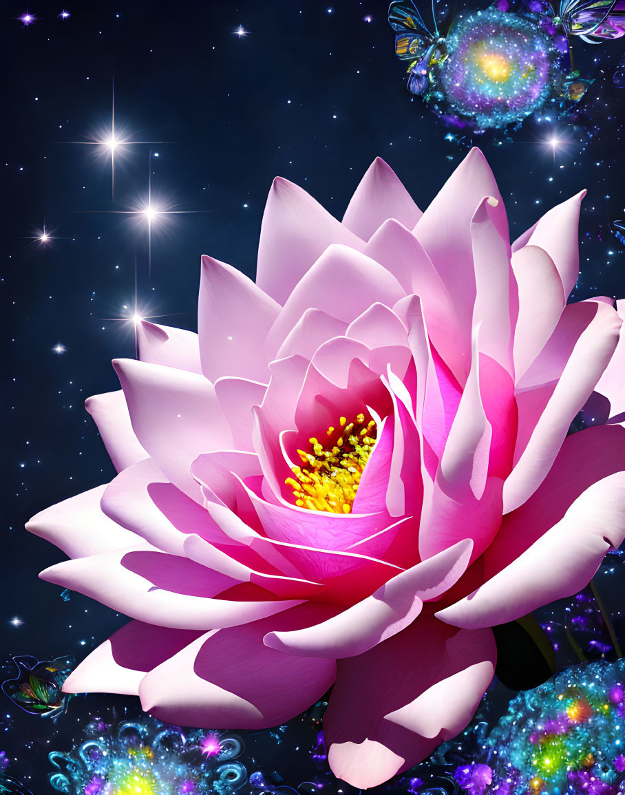 Colorful Lotus Flower in Fantasy Space with Stars and Butterfly Silhouette