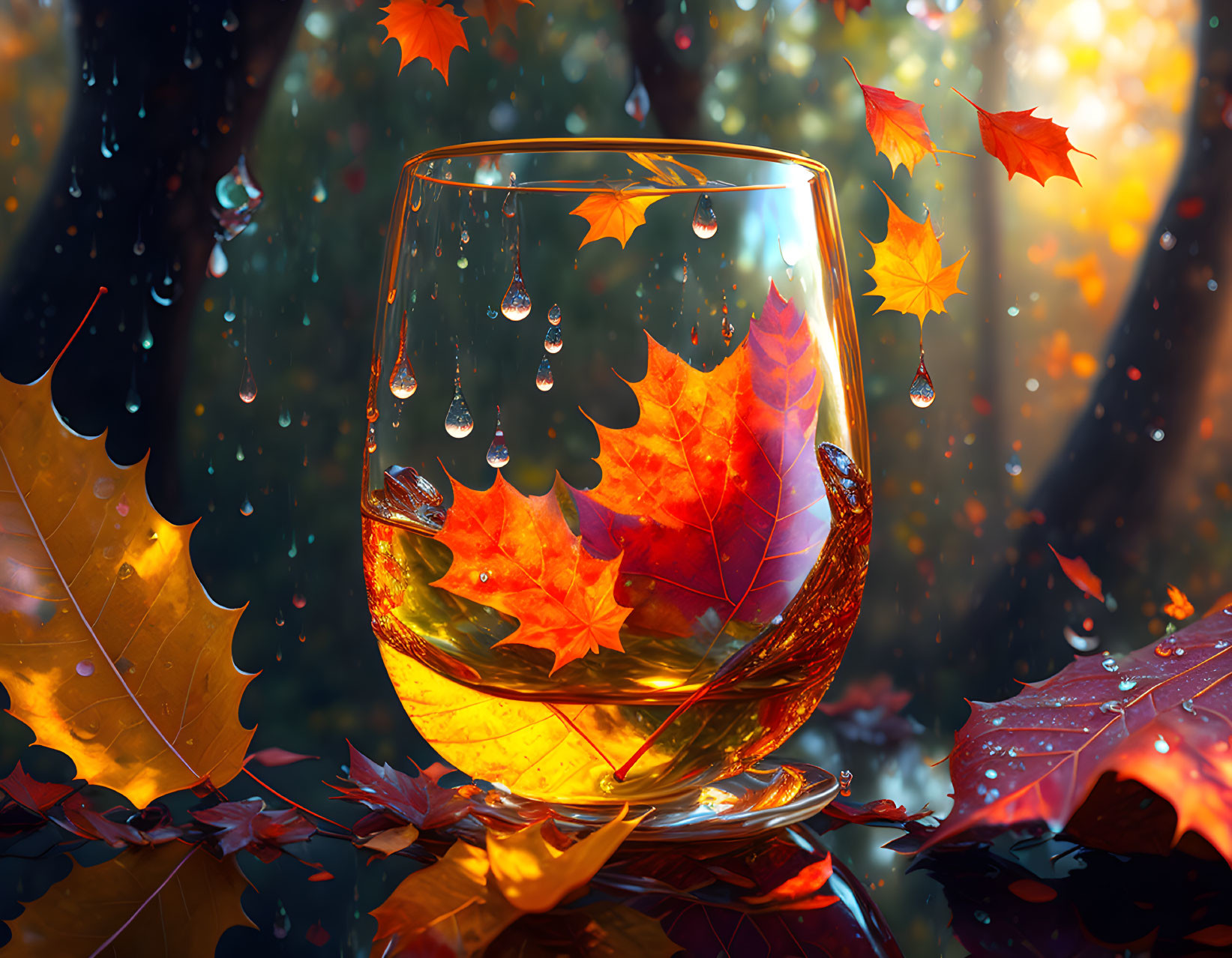 Amber liquid in glass with maple leaf, autumn leaves, rain droplets, bokeh-lit