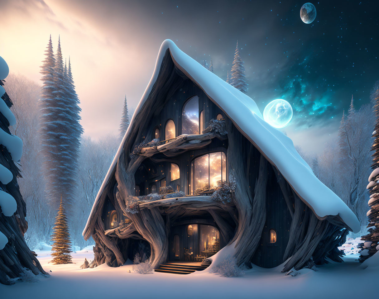 Whimsical multi-story fantasy house in snowy landscape