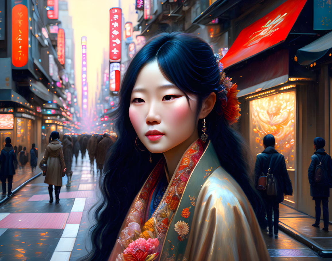 Digital illustration: Woman with long hair in traditional attire in neon-lit Asian cityscape